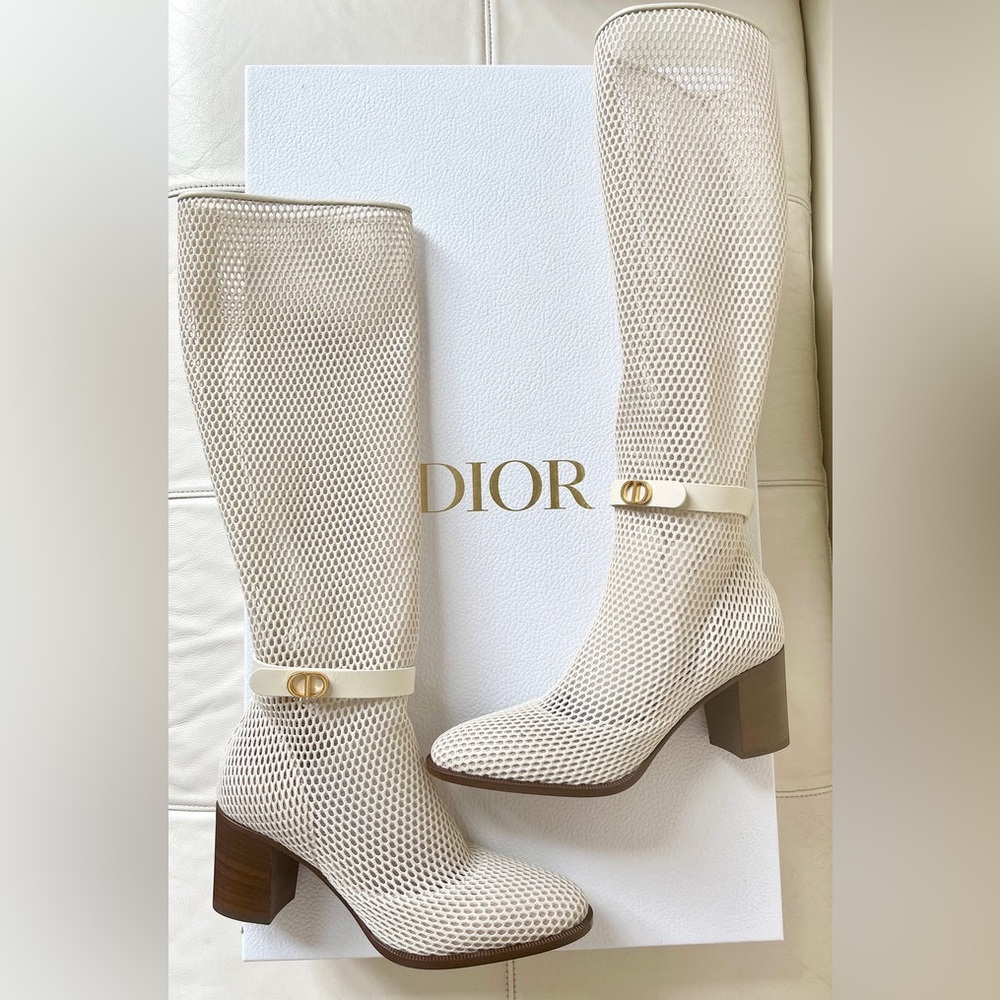 Dior Empreinte Montaigne 70 mm Off White Knee High Pull On Caged Boots 38.5